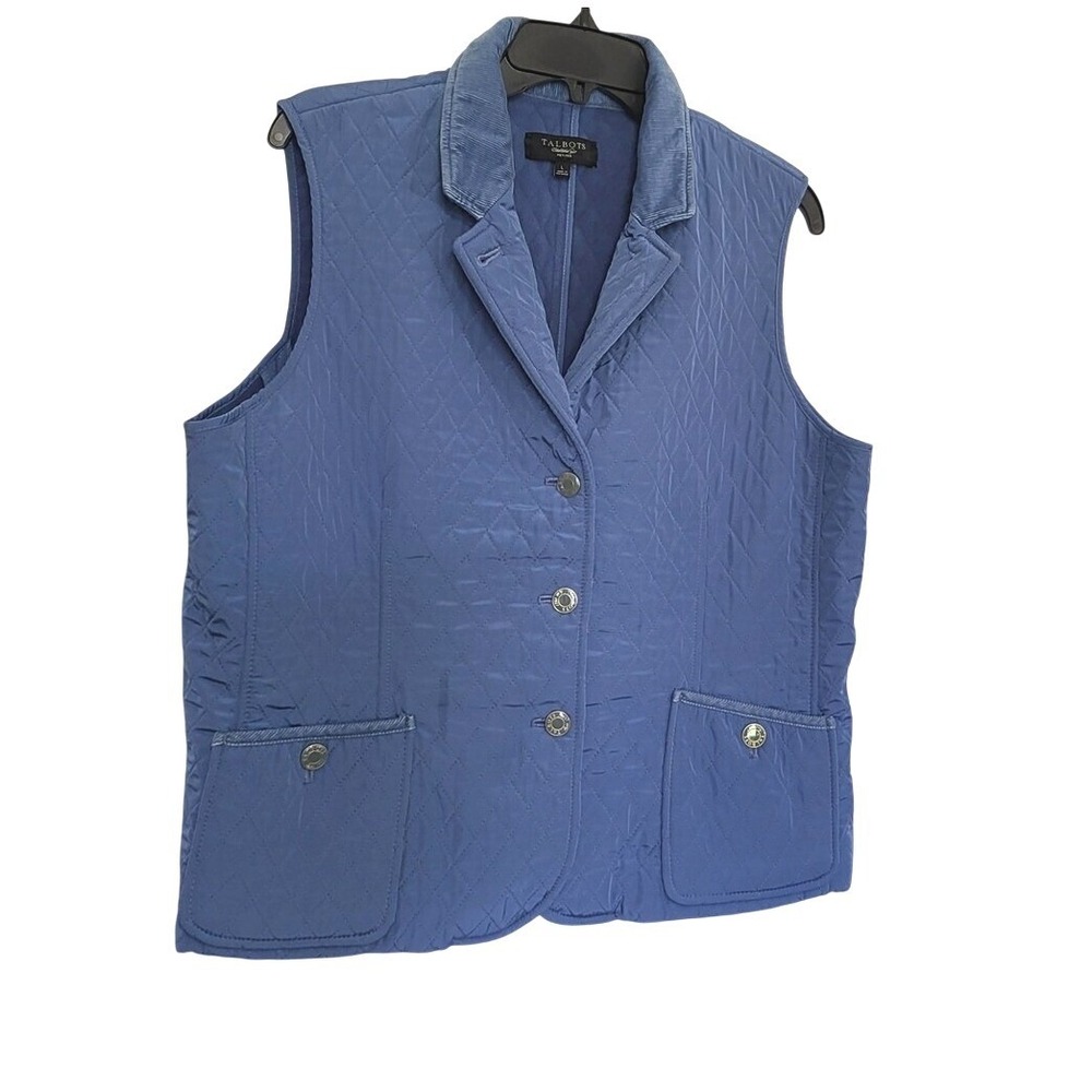 Talbots Wmn Blue Diamond Quilted Collar Button Up Fleece Lined Vest Large Petite